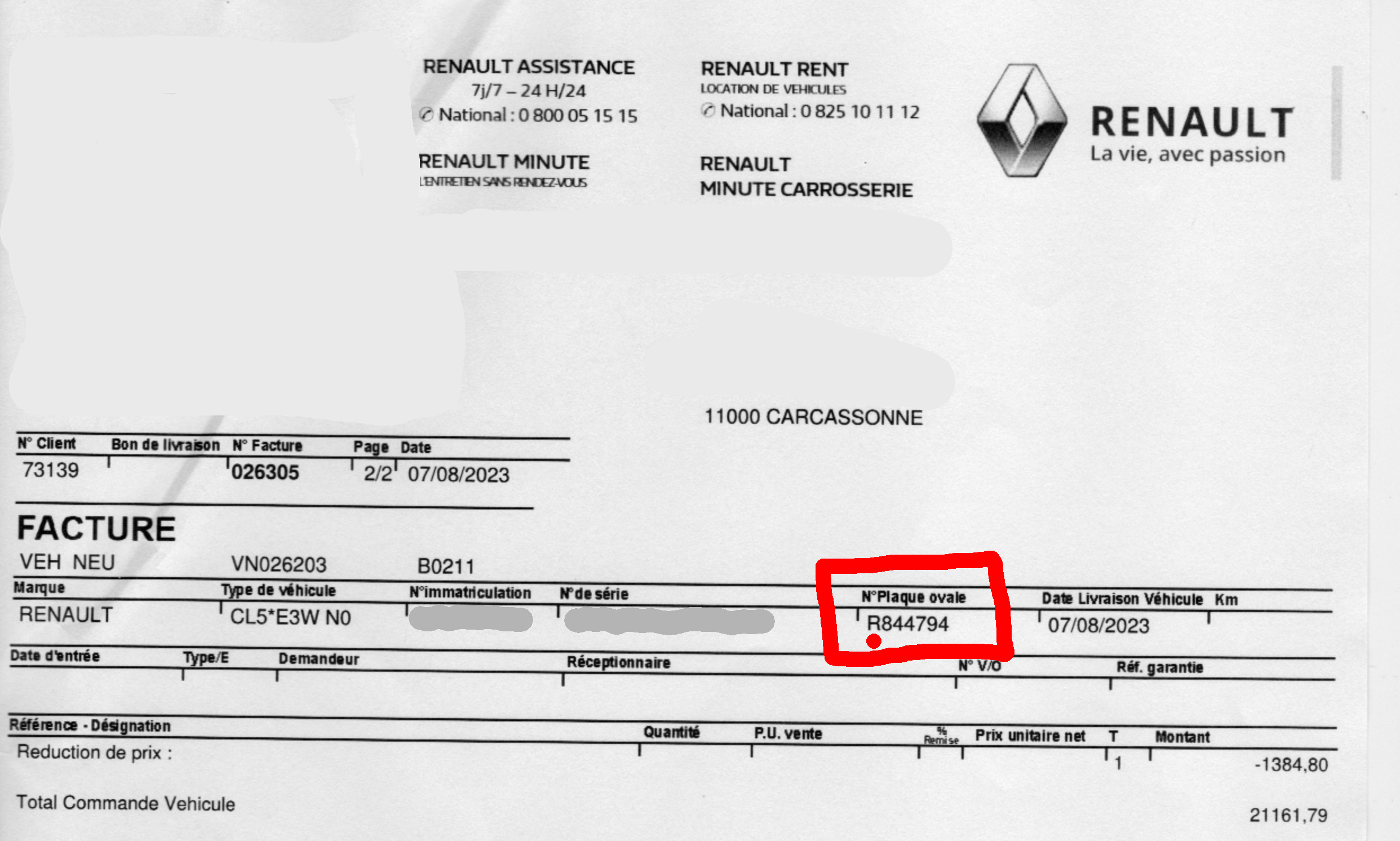 Facture avec plaque ovale